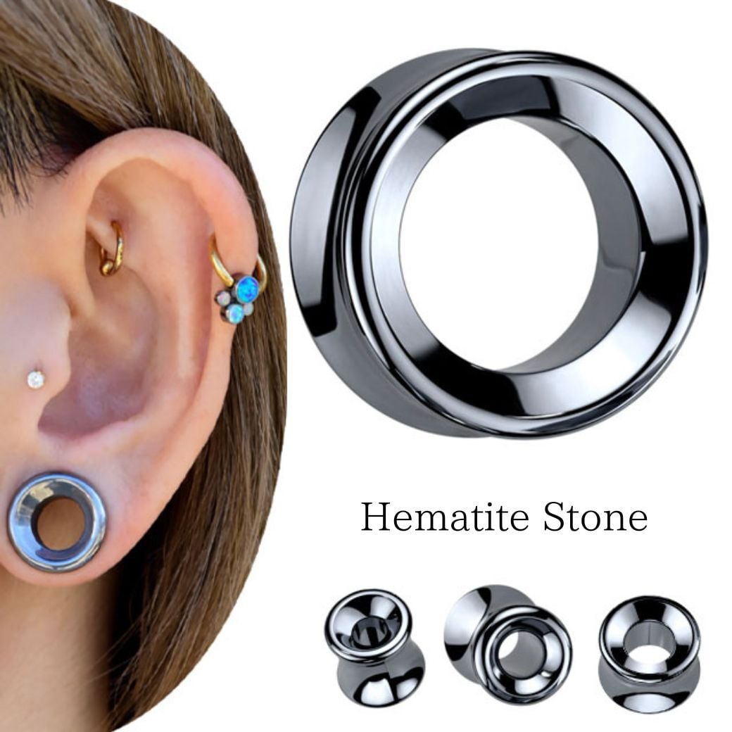 12mm 14mm 16mmヘマタイト 天然石ピアス 拡張ピアス ダブルフレア 金属